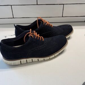 Cole Haan Navy Suede Wingtip Derby with Orange Laces